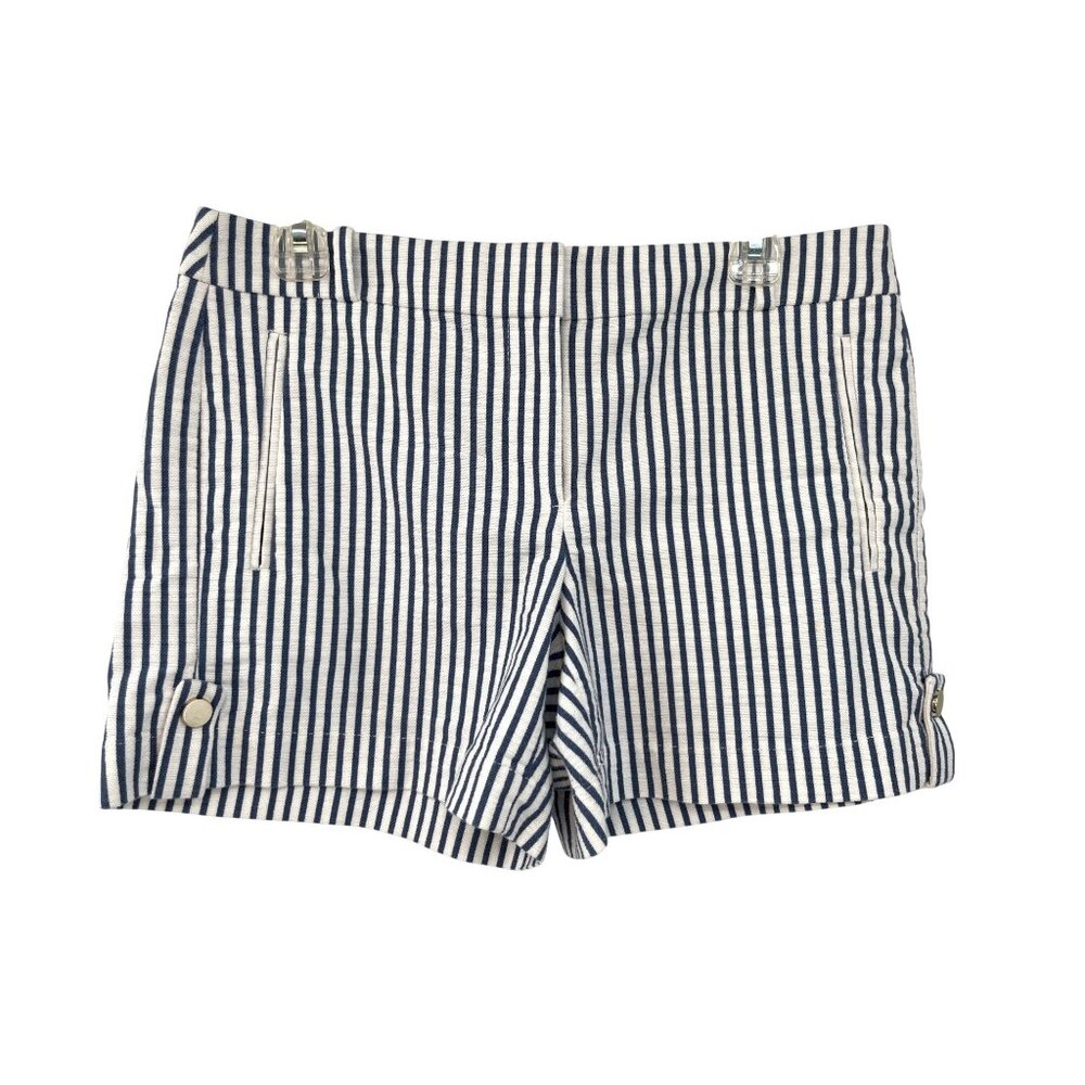 WHBM Striped Cotton Shorts Womens 6 Blue Cream Snap Hem Used